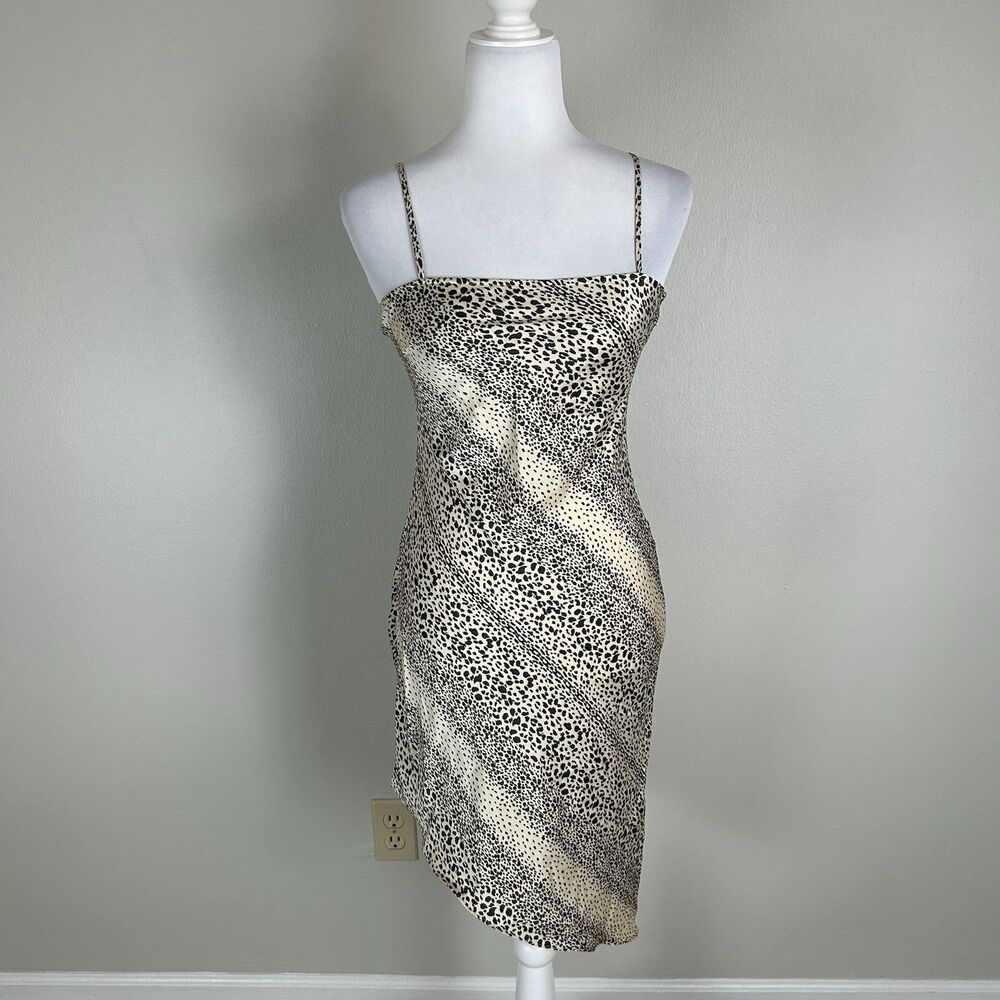 Vintage 2000's Forever 21 S Leopard Print Midi Dress Black Tan Asymmetrical Slip